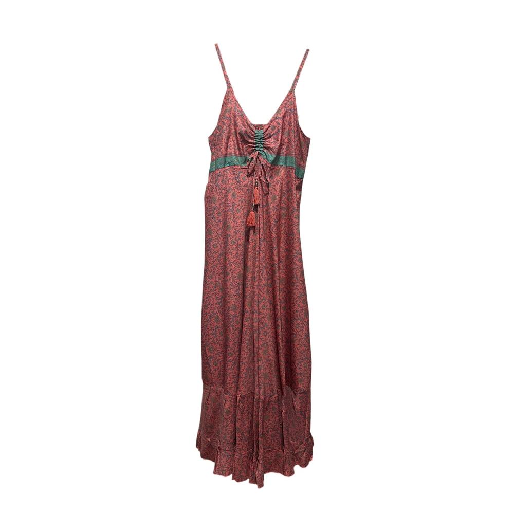 Aller Simplement Women L/XL Maxi Dress Tropical Paisley Floral Boho Tiered Pink